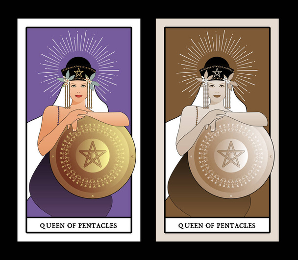Queen of Pentacles with crown and long hair holding golden shield with the symbol of the pentacle in the center. Queen of Gold. Minor arcana Tarot cards. Spanish playing cards. - Vector, Image