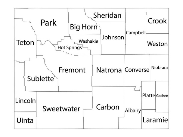 White Outline Counties Map mit den Namen der Counties des US-Bundesstaates Wyoming - Vektor, Bild