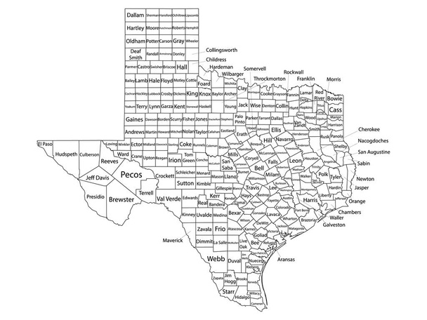 Mapa bílých obrysů s okresy Názvy států Texas - Vektor, obrázek
