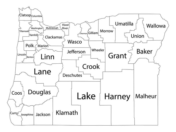 Mapa branco dos condados do esboço com nomes dos condados do estado de Oregon dos EUA - Vetor, Imagem