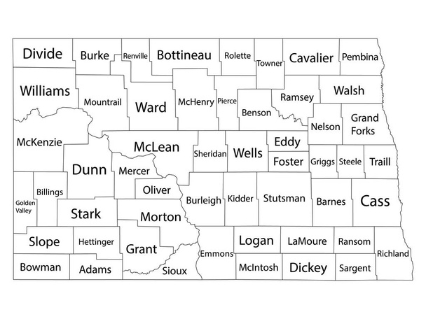 ホワイトアウトライン郡地図ノースダコタ州の郡名を含む - ベクター画像