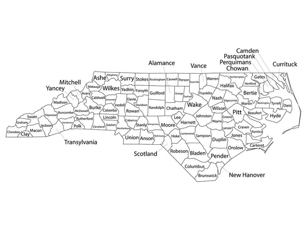 White Outline Counties Map mit Counties Namen des US-Bundesstaates North Carolina - Vektor, Bild