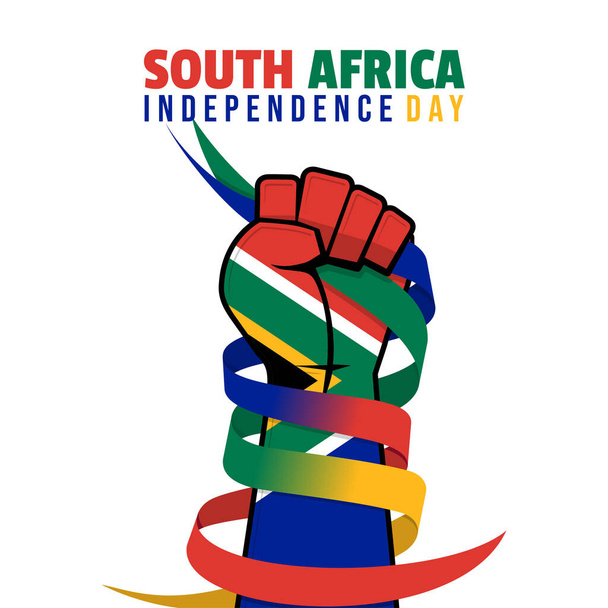 Σχεδιασμός Ημέρα Ανεξαρτησίας της Νότιας Αφρικής με Χρωματιστό Χέρι της Νότιας Αφρικής Σημαία και πιάνοντας την κορδέλα. Καλό πρότυπο για το σχεδιασμό της Νότιας Αφρικής. - Διάνυσμα, εικόνα