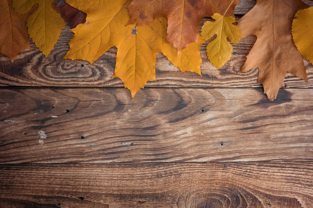 木製のテーブルの上に黄色の葉。秋の概念 - 写真・画像