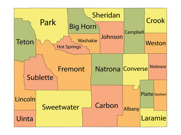 Bunte Landkarte mit den Namen der Bezirke des US-Bundesstaates Wyoming - Vektor, Bild