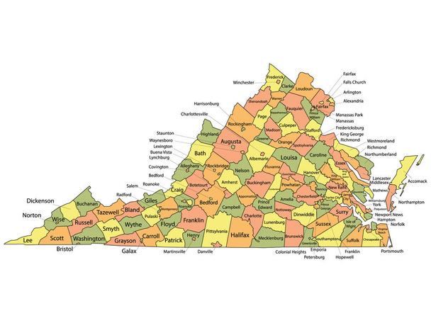 Πολύχρωμος χάρτης της κομητείας με τα ονόματα κομητειών της ομοσπονδιακής πολιτείας της Βιρτζίνια των ΗΠΑ - Διάνυσμα, εικόνα