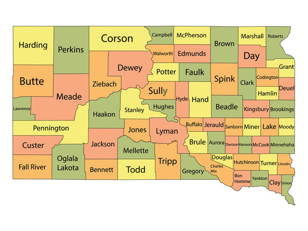 Πολύχρωμος χάρτης της κομητείας με τα ονόματα κομητειών της ομοσπονδιακής πολιτείας της Νότιας Ντακότα των ΗΠΑ - Διάνυσμα, εικόνα