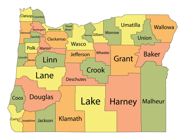 Mapa colorido do condado com nomes de condados do Estado Federal dos EUA de Oregon - Vetor, Imagem