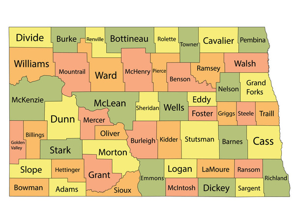 Colorful County Map With Counties Names of the US Federal State of North Dakota - Vector, Image