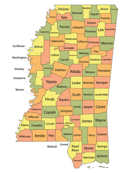 Πολύχρωμος χάρτης κομητειών με τα ονόματα κομητειών της ομοσπονδιακής πολιτείας του Μισισιπή των ΗΠΑ - Διάνυσμα, εικόνα