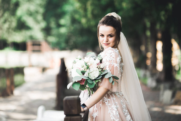 Schoonheidsportret van bruid dragen mode trouwjurk met veren met luxe genot make-up en kapsel - Foto, afbeelding