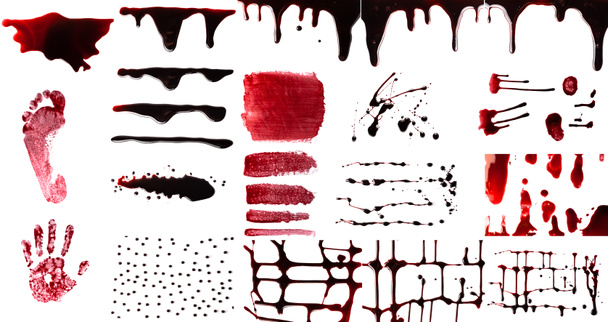 白い背景に隔離された様々な滴、滴、スミア、トレイルの血液コレクションセット. - 写真・画像