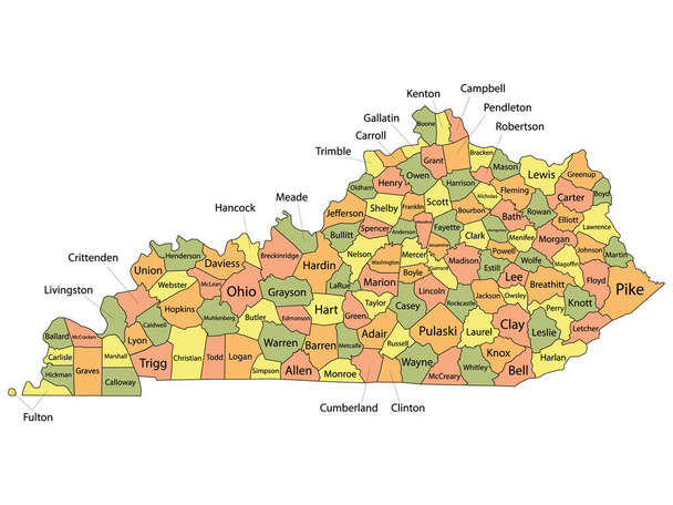 Mapa del condado colorido con nombres de condados del estado federal de Kentucky - Vector, imagen