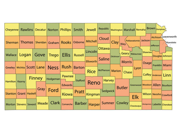 ABD Federal Eyaleti Kansas 'ın Renkli İlçe Haritası - Vektör, Görsel