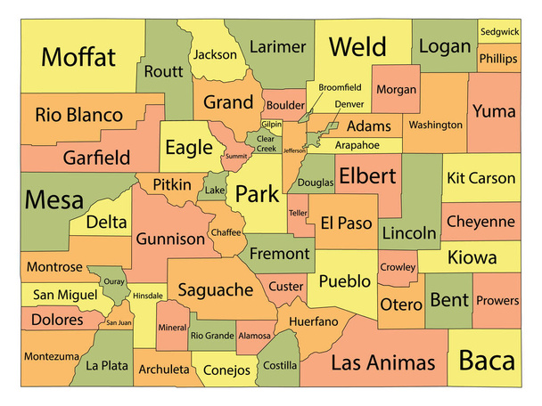 Mapa del Condado Colorido con los Condados Nombres del Estado Federal de Colorado - Vector, Imagen