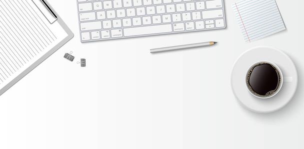 Επίπεδη θέσει ελάχιστο χώρο εργασίας, Top view γραφείο με πληκτρολόγιο υπολογιστή, πρόχειρο και φλιτζάνι καφέ σε λευκό χρώμα φόντο με αντίγραφο χώρου, διανυσματική απεικόνιση - Διάνυσμα, εικόνα