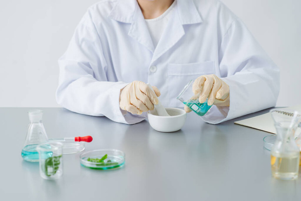médecin femme scientifique faisant phytothérapie en laboratoire avec des feuilles de plantes suppléments vitaminiques minéraux alternative traitement recherche. - Photo, image