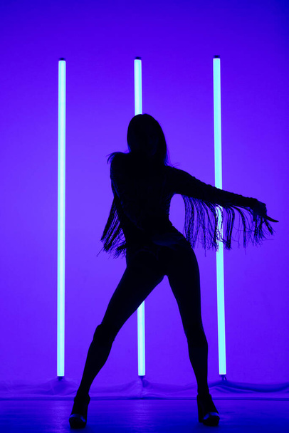 Silhouette of a slender woman in a sexy bodysuit with fringes posing with her hand raised elegantly against the background of neon lamps. - Foto, afbeelding