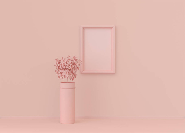 Інтер'єр кімнати в простому монохромному світло-рожевому кольорі з однією рослиною і єдиною вертикальною рамкою. Світлий фон з копіювальним простором. 3D візуалізація, макет плакатної рамки
 - Фото, зображення