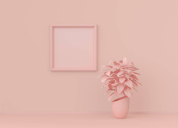 Sala interna in tinta unita monocromatica rosa chiaro con singola pianta e cornice quadrata singola. Sfondo chiaro con spazio di copia. rendering 3D, poster frame mockup - Foto, immagini