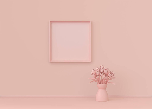 Yhden julisteen runko ja yksittäinen kukka tasainen punertava väri huone, yksivärinen konsepti, 3d renderöinti, kuvakehys mockup - Valokuva, kuva