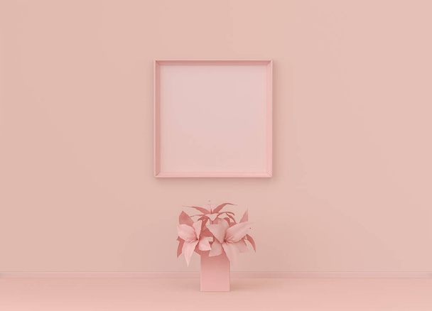 Σκελετός μιας αφίσας και ένα λουλούδι σε επίπεδη ροζ χρωματική αίθουσα, μονόχρωμη έννοια, 3d απόδοση, εικόνα mockup πλαίσιο - Φωτογραφία, εικόνα