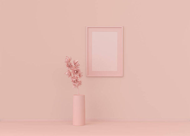Cornice singola verticale con cornice opaca e singolo fiore in camera piatta di colore rosato, concetto monocromatico, rendering 3d, modello cornice - Foto, immagini