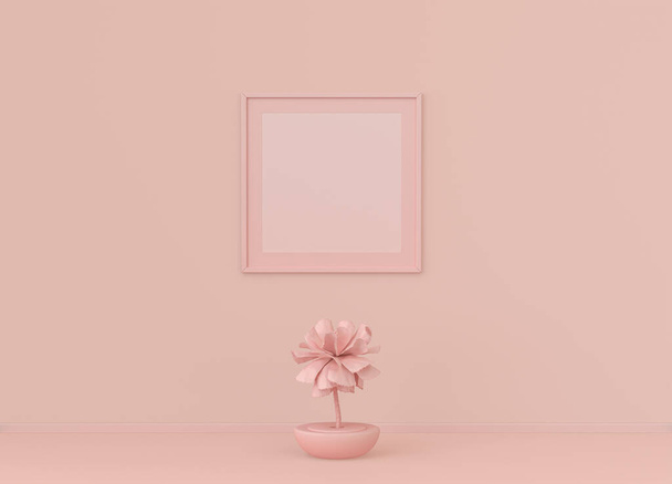Enkele vierkante poster frame met frame mat en enkele bloem in platte roze kleur kamer, monochroom concept, 3d rendering, fotolijst mockup - Foto, afbeelding
