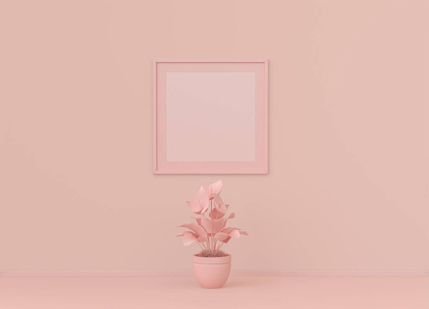 フラットピンク色の部屋、モノクロームのコンセプト、 3Dレンダリング、画像フレームモックアップでフレームマットとシングル花とシングル正方形のポスターフレーム - 写真・画像