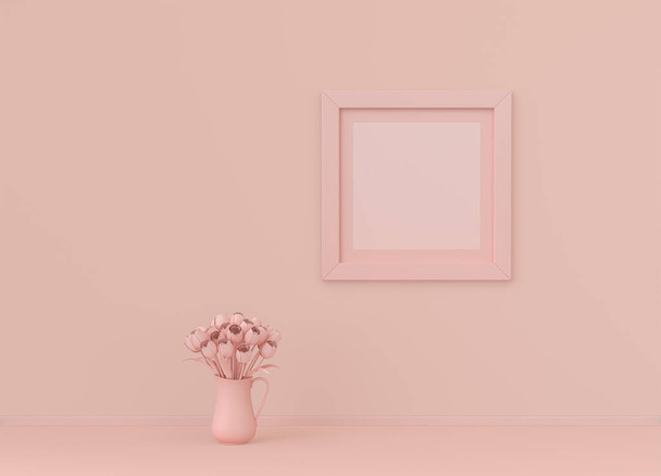 Jednoduchý čtvercový rámeček plakátu s rohožkou a jednokvětým květem v ploché narůžovělé barevné místnosti, monochromatický koncept, 3D vykreslování, maketa rámečku - Fotografie, Obrázek