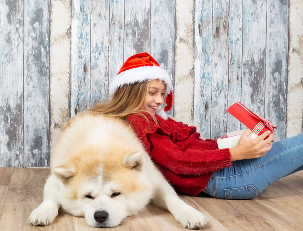 fille avec son chien cadeaux d'ouverture à Noël - Photo, image