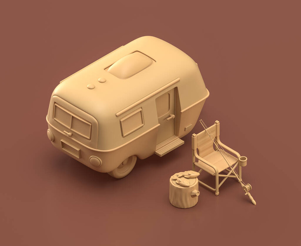 Folding chair and fishing pole front of a Caravan. Isometric camping objects and scenes, monochrome yellow  camping equipment on brown background, 3D Rendering, hunting and camping - Photo, Image