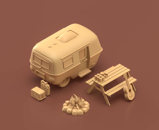 Asuntovaunu ja piknik pöytä. Isometriset retkeilyesineet ja kohtaukset, yksivärinen keltainen retkeilyvarusteet ruskealla pohjalla, 3D-renderointi, metsästys ja retkeily - Valokuva, kuva
