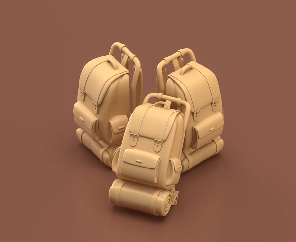 Три рюкзака. Изометрические кемпинговые объекты и сцены, монохромное желтое кемпинговое оборудование на коричневом фоне, 3D рендеринг, охота и кемпинг - Фото, изображение