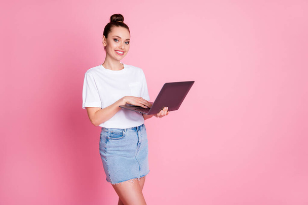 Photo of positive girl coach enjoy work remote use laptop wear style stylish trendy outfit isolated over pastel color background - Foto, afbeelding