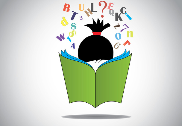 Young smart girl kid reading 3d green open book education concept. black haired child with book studying & learning for exams & fun with alphabets and numbers. learn or educate illustration art - Photo, Image