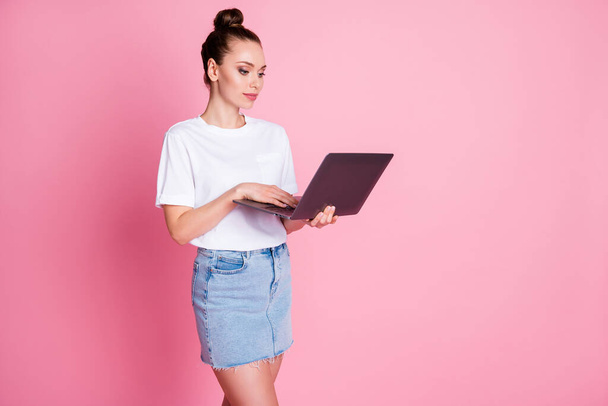 Photo of focused girl work remote use laptop search website wear style stylish trendy clothes isolated over pastel color background - Foto, imagen
