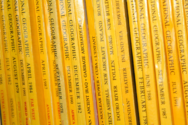 close up of a row of old national geographic magazines - Photo, Image