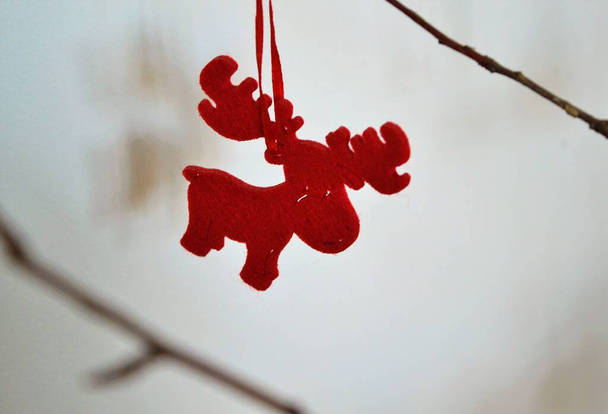 Noel süsü: Noel ağacının dalları arasında asılı kırmızı ren geyiği süsü - Fotoğraf, Görsel