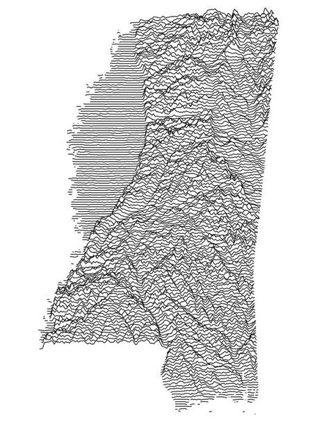 Topographic Relief Peaks and Valleys Map of US Federal State of Mississippi - Vetor, Imagem