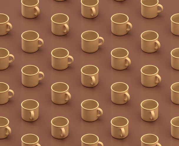 Várias xícaras de chá em matriz de grade no fundo marrom, monocromático simples cores planas, renderização 3d - Foto, Imagem