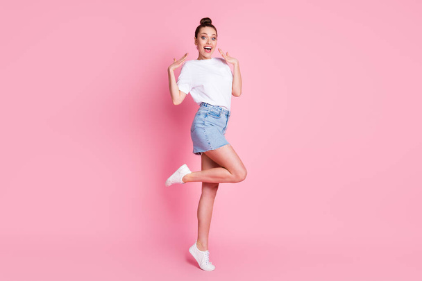 Full size photo of cheerful astonished girl impressed news information wear white good look mood outfit isolated over pastel color background - Photo, image