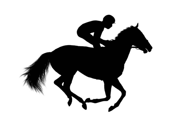 schwarzes Flachbild eines Pferdejockeys isoliert auf weißem Hintergrund - Vektor, Bild