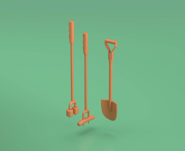 Backpack with skewers and shovel. Isometric camping objects and scenes, monochrome yellow camping equipment on green background, 3D Rendering, hunting and camping - Photo, Image