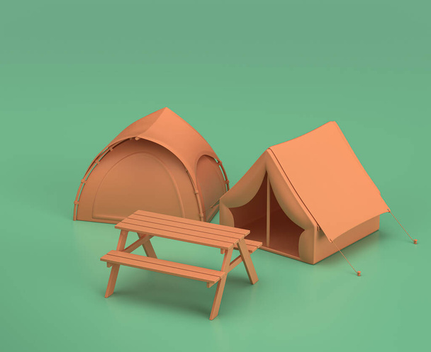 Área de acampada con tiendas de campaña. Objetos y escenas de acampada isométricas, equipo de acampada amarillo monocromo sobre fondo verde, representación 3D, caza y camping - Foto, Imagen