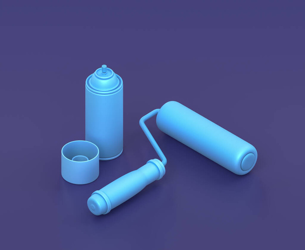Ισομετρική βαφή ψεκασμού και ρολό χρωμάτων σε μπλε φόντο, εργαστήριο μονοχρωμίας και εργαλείο DIY, 3d rendering - Φωτογραφία, εικόνα