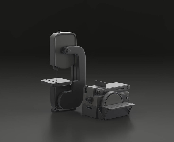 lixadeira de cinto cinza escuro e serra de fita em fundo preto, oficina de cor única e ferramenta DIY, renderização 3d - Foto, Imagem