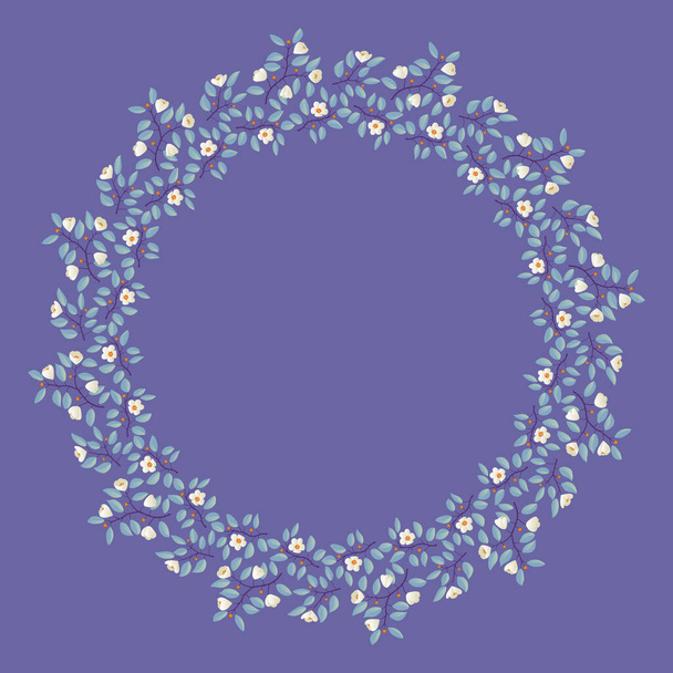 Floral wreath, branches with teal leaves and light cream flowers on purple - Vector, Image