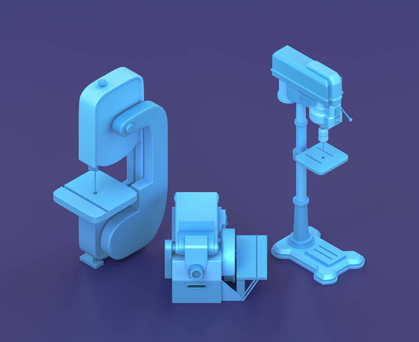 Isometric drill press, belt sander and bandsaw on blue background, single color workshop and DIY tool, 3d rendering - Photo, Image