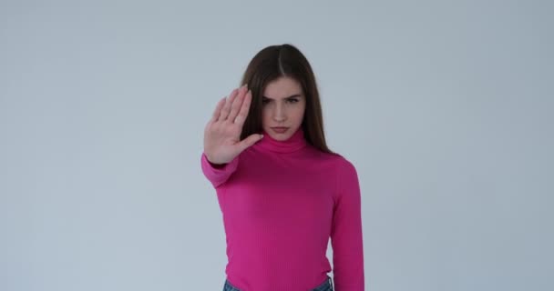 Nainen sanoo ei stop-hand-merkillä - Materiaali, video